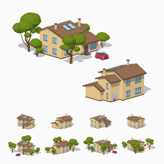 Suburban house. 3D lowpoly isometric vector illustration. The set of objects isolated against the white background and shown from different sides