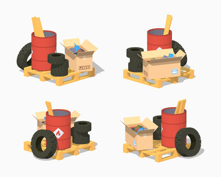 Pile Of Trash. 3D Lowpoly Isometric Vector Illustration. The Set Of Objects Isolated Against The White Background And Shown From Different Sides