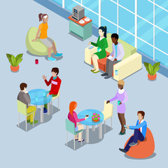Isometric Interior Office Canteen and Relax Area with People. 
