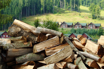 Firewood bunch with country village on background soft focus 
