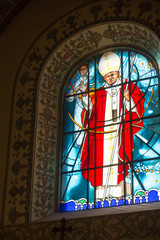 Zabawa, Poland - July 20, 2016: Stained glass window of Bl. Caro