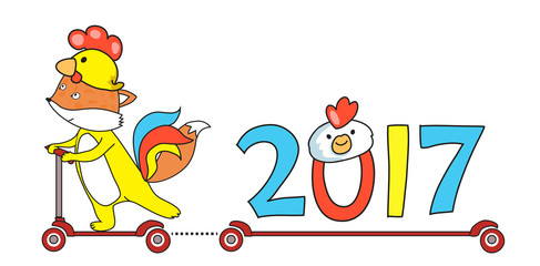 Little fox in cock's costume carries The Greetings