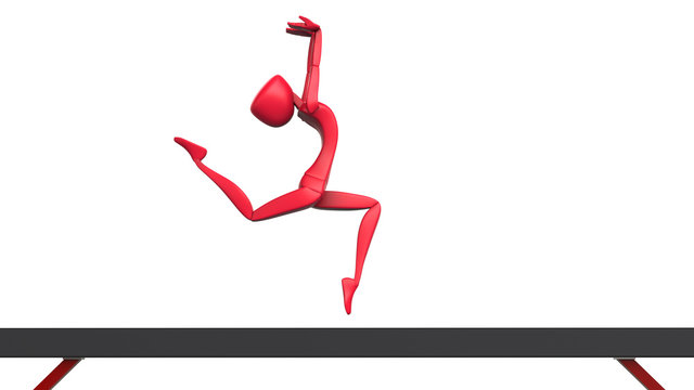 Red Female Gymnast On Balance Beam - Jump - 3D Illustration