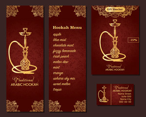 Vector illustration of a menu for a restaurant or cafe Arabian oriental cuisine with hookah, business cards. Hand-drawn islamic flower pattern.