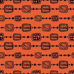 Seamless vector decorative hand drawn pattern. Black and red ethnic endless background with ornamental decorative elements with traditional motives, geometric figures, dots and flowers.