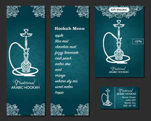 Vector illustration of a menu for a restaurant or cafe Arabian oriental cuisine with hookah, business cards. Hand-drawn islamic flower pattern.