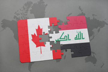 puzzle with the national flag of canada and iraq on a world map background.