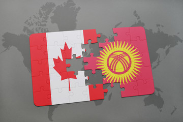puzzle with the national flag of canada and kyrgyzstan on a world map background.