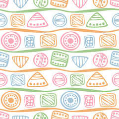 Seamless vector decorative hand drawn pattern. Colorful pastel ethnic endless background with ornamental decorative elements with traditional motives, geometric figures, dots, lines.