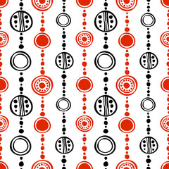 Fototapeta na wymiar Seamless vector decorative hand drawn pattern. Black, red, white ethnic endless background with ornamental decorative elements with traditional motives, geometric figures, dots.