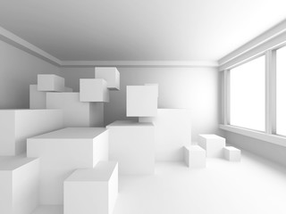 Modern Interior Background. White Empty Room With Many Cubes