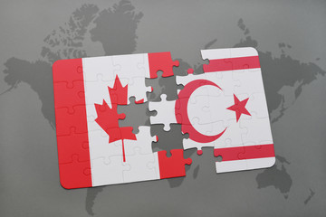 puzzle with the national flag of canada and northern cyprus on a world map background.