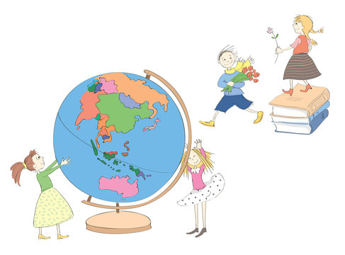 Vector set. Funny Children with Globe and Books