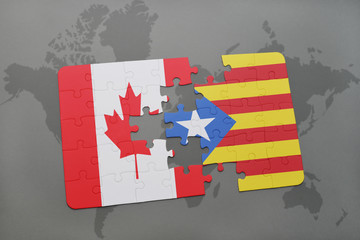 puzzle with the national flag of canada and catalonia on a world map background.