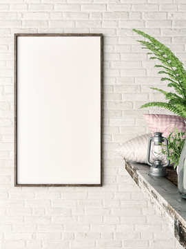 White vertical mock up frame, hipster background, 3d illustration