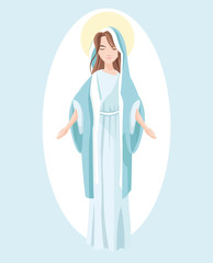 Holy mary woman girl cartoon religion saint icon. Pastel colored illustration. Vector graphic