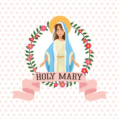 Holy mary woman girl cartoon religion saint icon. Pastel colored floral seal stamp with ribbon illustration. Pointed background. Vector graphic