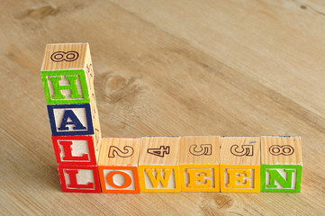 Halloween spelled with alphabet blocks