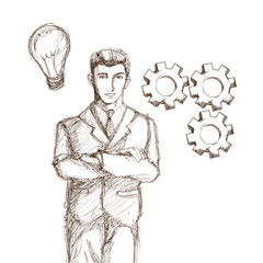 Businessman bulb gears suit man male cartoon business icon. Isolated and sketch illustration. Vector graphic