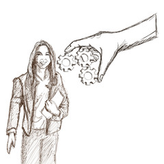Businesswoman gears hand suit woman female cartoon business icon. Isolated and sketch illustration. Vector graphic