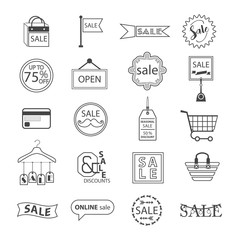 Black line SALE and shopping icons set on white background