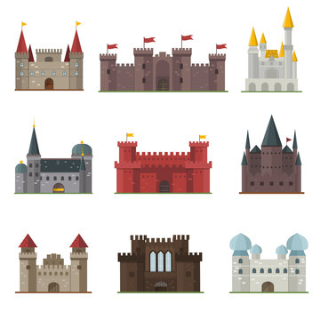 Cartoon fairy tale castle tower icon. Cute cartoon castle architecture. Vector illustration fantasy house fairytale medieval castle. Kingstone cartoon castle cartoon stronghold design fable isolated.