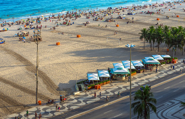 Copacabana beach with mosaic of sidewalk in Rio de Janeiro. Brazil