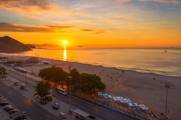 Sunrise on Copacabana and Leme beach in Rio de Janeiro, Brazil