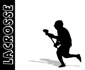 Silohette of lacrosse player and his shadow beneath him.  Text, Lacrosse on black strip to the left.  Background, illustration