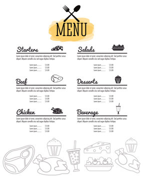 starters salads beef chicken dessert beverage menu restaurant kitchen cutlery  icon. Colorfull illustration. Vector graphic