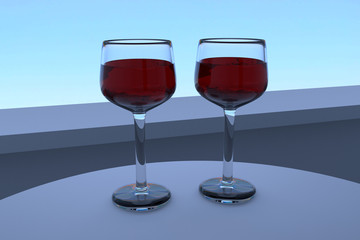 3D-Rendering von zwei Weingläsern auf einem weißen Tisch stehend mit hellblauem Hintergrund