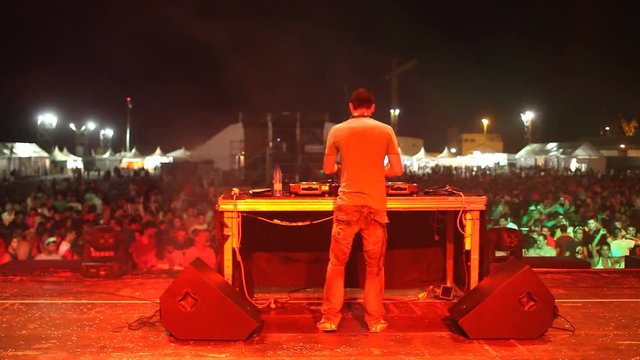 dj looking the crowd at a festival