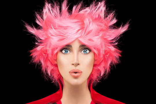Fashion model girl with trendy dyed pink hair