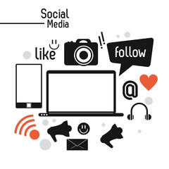 smartphone laptop camera envelope megaphone gadget social media icon set. Colorfull and flat illustration. Vector graphic