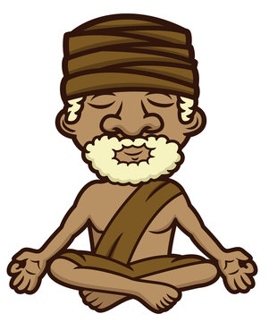 Meditating Guru Sitting In Lotus Position, Crossed Legs And Eyes Closed Cartoon Illustration