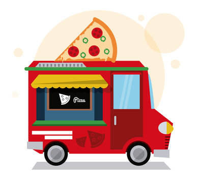 pizza truck fast food delivery transportation creative icon. Colorfull illustration. Vector graphic