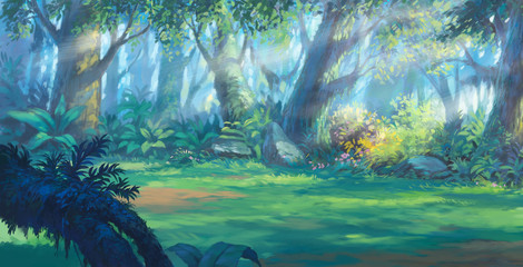 Naklejka premium Wschód słońca rano wewnątrz fantasy obraz lasu ilustracji