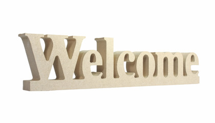 Characters carved from wood with a word welcome isolated white b