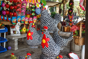 Ceramic handycrafts sold in the shops along the main road of San Juan Oriente in the highlands between Granada and Masaya, Nicaragua. Shallow depth of field