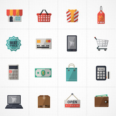 flat icons vector collection with colors of supermarket services, Shopping online Icons set.