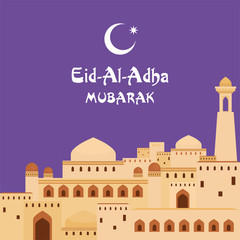 Eid al-Adha greeting card   with the image of an ancient middle Eastern city with mosques and minarets