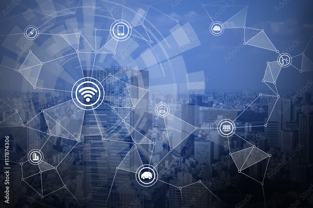 Poster smart city and wireless communication network, IoT(Internet of Things),CPS(Cyber-Physical Systems), ICT(Information Communication Technology), abstract image visual