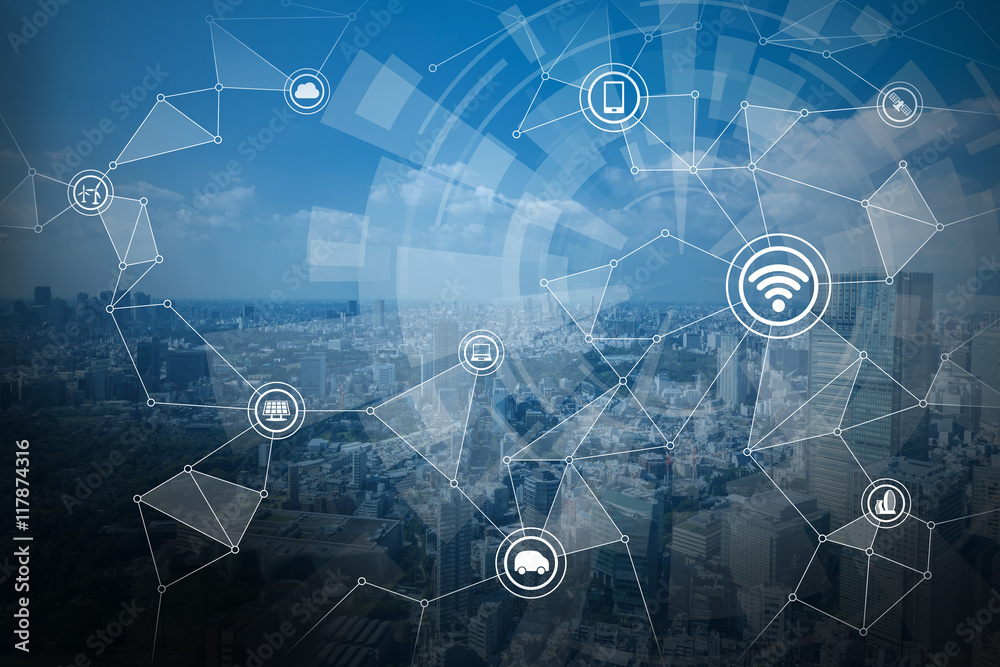 Poster smart city and wireless communication network, IoT(Internet of Things),CPS(Cyber-Physical Systems), ICT(Information Communication Technology), abstract image visual