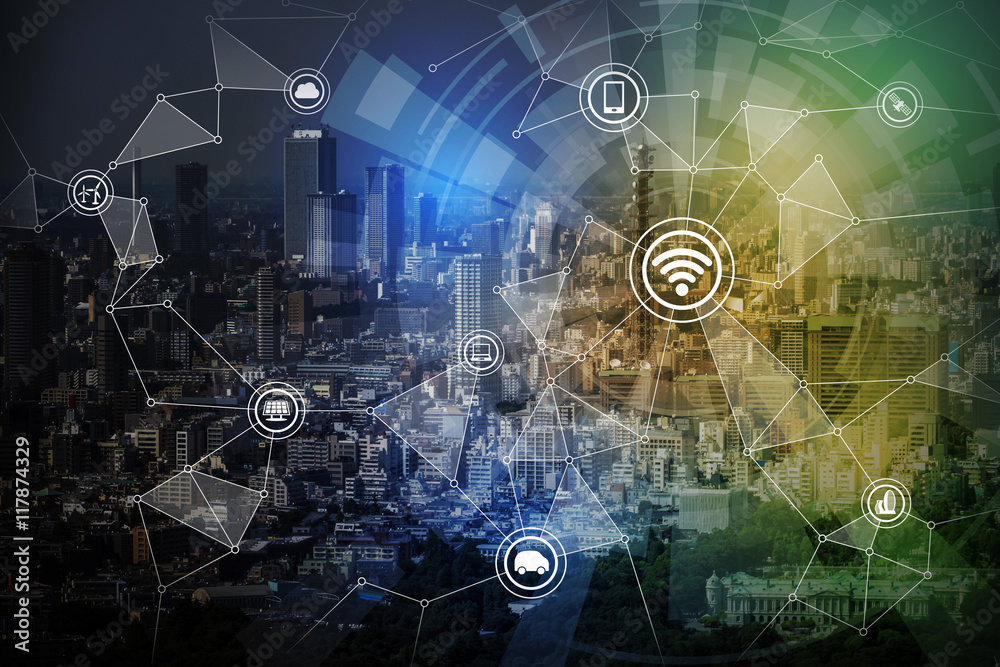 Fototapete smart city and wireless communication network, iot(internet of things),cps(cyber-physical systems), 