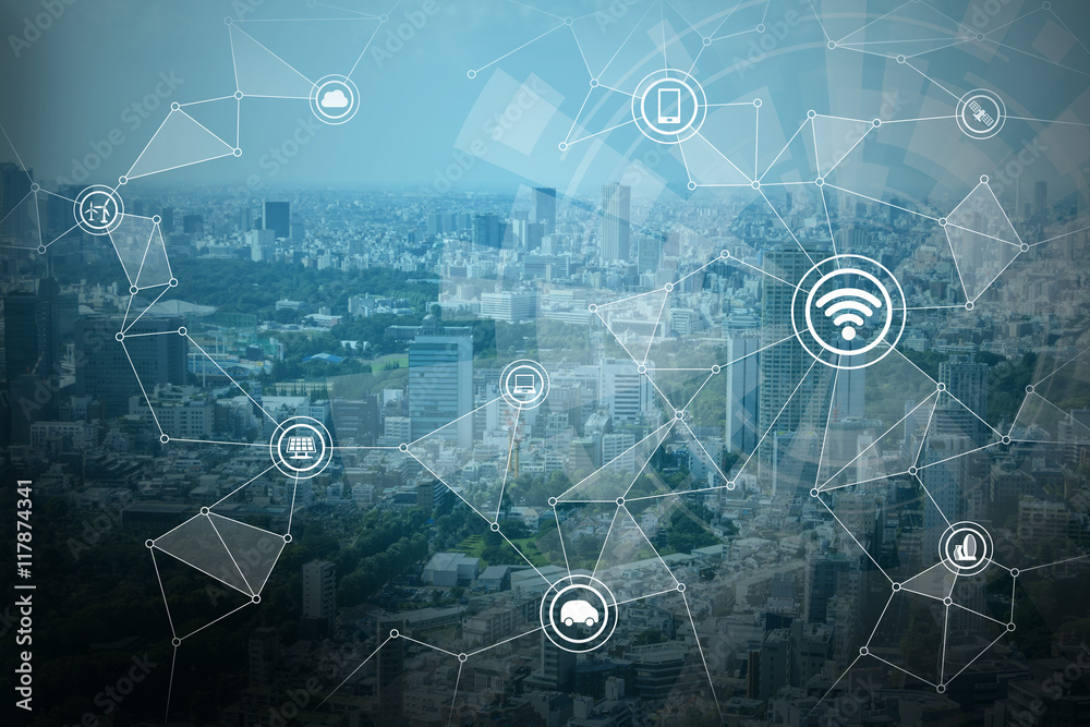 Poster smart city and wireless communication network, IoT(Internet of Things),CPS(Cyber-Physical Systems), ICT(Information Communication Technology), abstract image visual