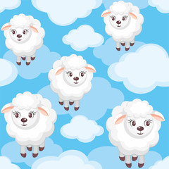Colorful children's seamless pattern in cartoon style with the image of sheep and clouds