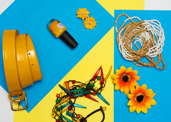 Overhead view of Traveler's accessories, Essential vacation items, Summer concept background