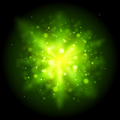 Abstract background. Burst of green light rays.