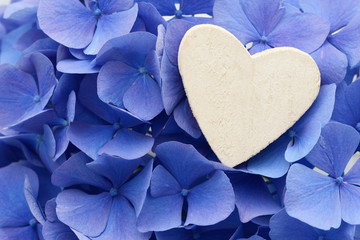 blue flower and wooden heart