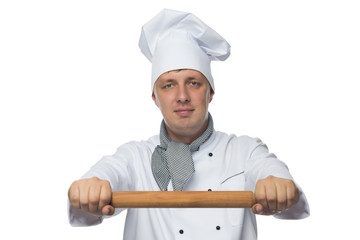 Chef in white holding a subject for rolling dough